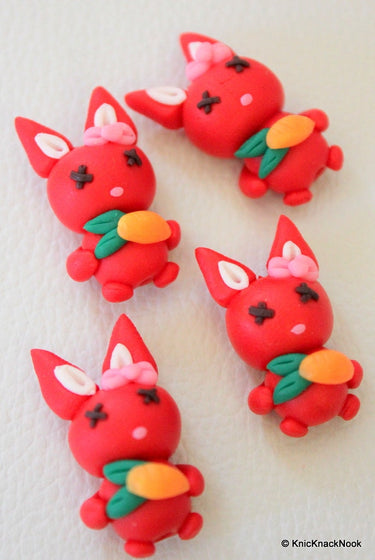 4 x Polymer Fimo Clay Red Rabbit With Carrot Beads